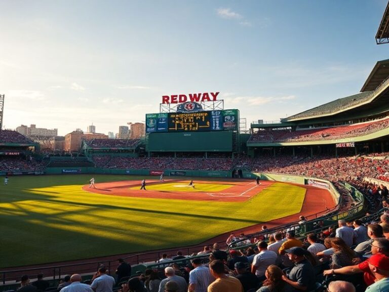 A vibrant shot of Fenway Park during a night game, showing the Green Monster in the background with fans cheering. The scoreb