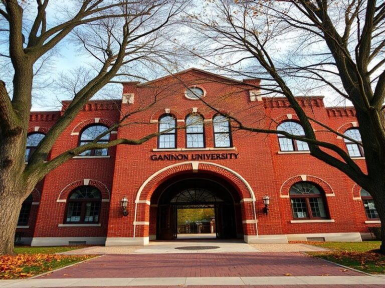A vibrant campus scene at Gannon University featuring modern and historic buildings, students walking between classes, and th