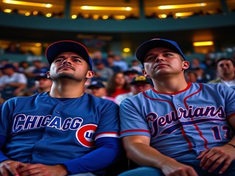 A split-screen image showing a Cubs batter swinging at Wrigley Field on the left and a Guardians pitcher on the mound at Prog