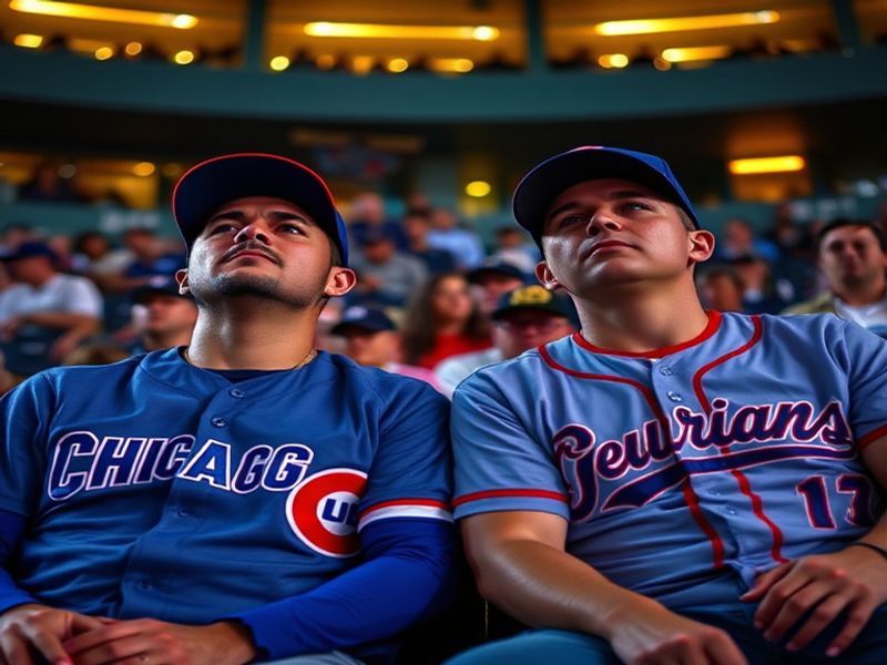 A split-screen image showing a Cubs batter swinging at Wrigley Field on the left and a Guardians pitcher on the mound at Prog