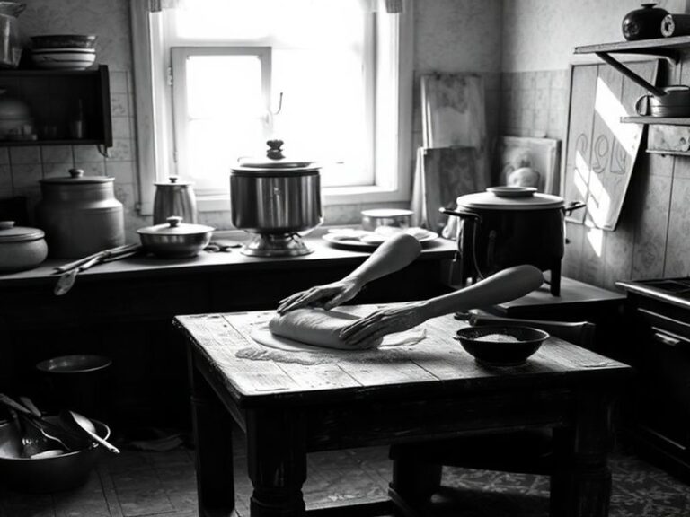 A dimly lit gallery space featuring a mixed-media installation by Starodubtseva. The piece includes layered photographs, tran