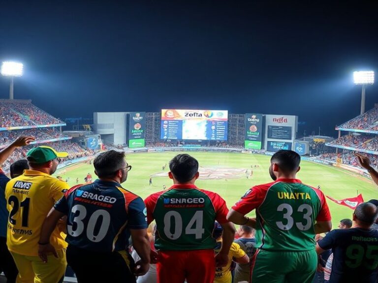 An action-packed cricket match scene featuring the Quetta Gladiators and Multan Sultans, with players in vibrant uniforms and