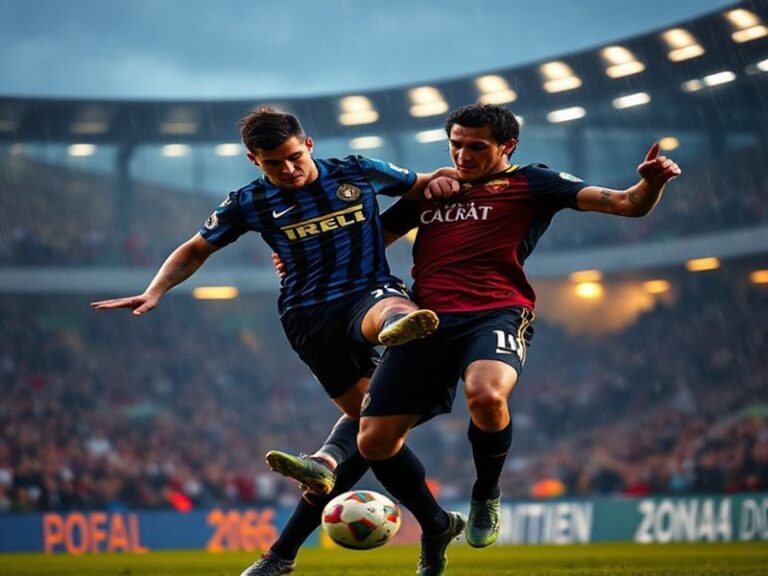 A high-energy football match between Inter Milan and AS Roma, featuring players in black-and-blue and red-and-gold kits battl