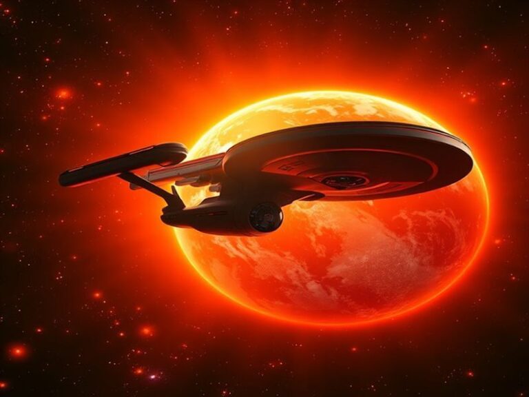 A cinematic shot of the USS Enterprise-D from Star Trek: The Next Generation, with the ship soaring through deep space agains