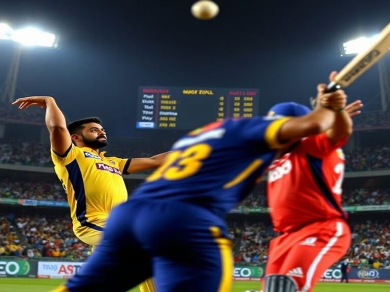 A split-screen image showing RCB and CSK players in action during a match, with the RCB team in red and the CSK team in yello