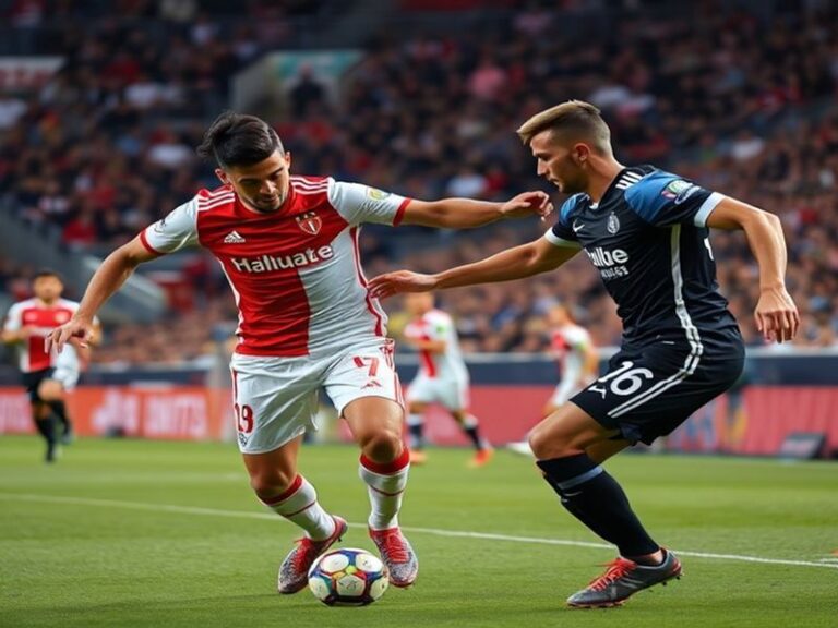 A dramatic night-time shot of Stade Vélodrome, with Marseille fans waving flags and the stadium lit up under floodlights. In