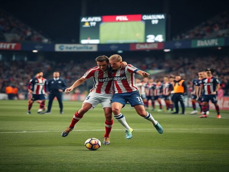 A vivid matchday scene at Vitoria-Gasteiz’s Mendizorroza Stadium, featuring players in red and blue kits clashing under brigh