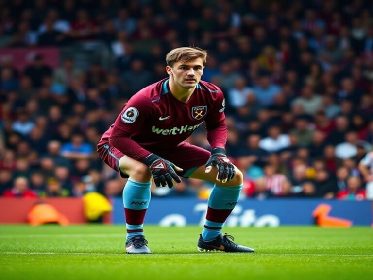 A tense moment at London Stadium with West Ham's goalkeeper under pressure, fans in the background showing divided reactions,