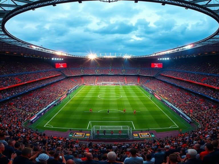 A vibrant illustration of Wembley Stadium packed with fans, flags, and banners during an FA Cup Final, capturing the exciteme