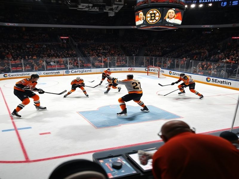 A split-screen image showing a Bruins player battling a Flyers player in a high-stakes playoff game, with the Boston Garden a