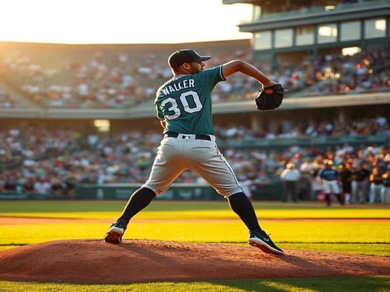 A dynamic action shot of Taijuan Walker mid-pitch, wearing a Phillies uniform, with a blurred stadium background. His focused