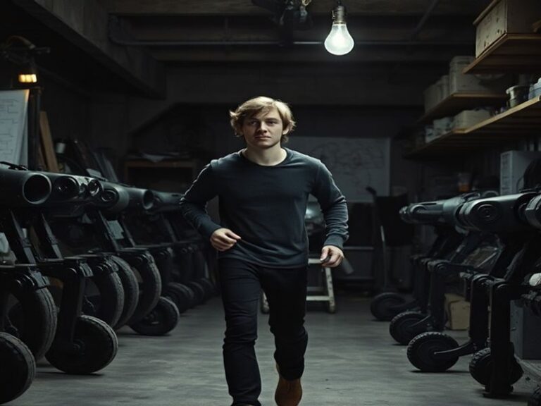 A moody, atmospheric portrait of Matt Wallace sitting at a cluttered desk surrounded by books, a laptop, and coffee mugs. The