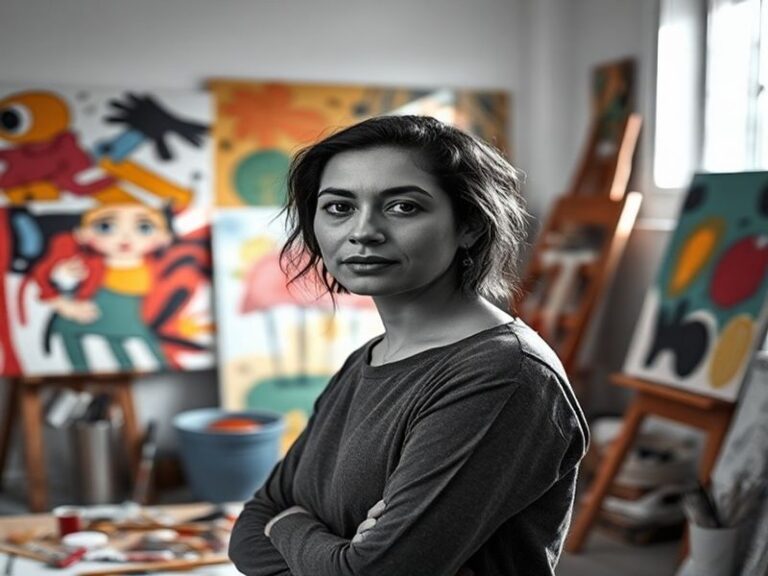 A dynamic studio portrait of Gabriela Jaquez surrounded by her mixed-media artworks, including embroidered textiles, sculptur