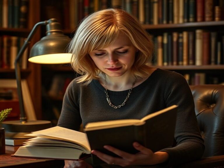 A mid-career portrait of Hermione Norris in a softly lit setting, wearing a stylish yet understated outfit, with a thoughtful