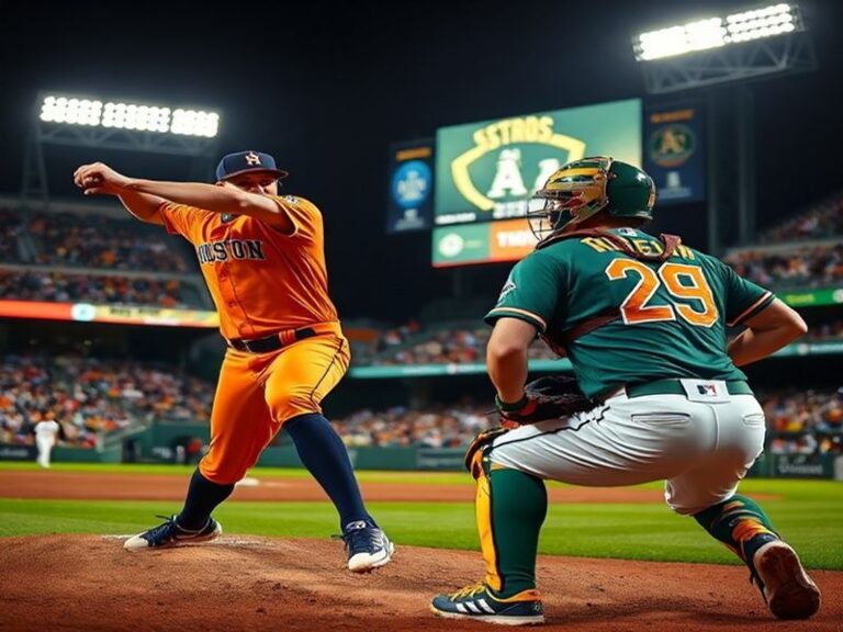 A split-image visual showing the Houston Astros' Minute Maid Park on one side and the Oakland Athletics' Oakland Coliseum on