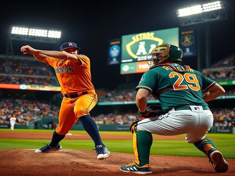 A split-image visual showing the Houston Astros' Minute Maid Park on one side and the Oakland Athletics' Oakland Coliseum on