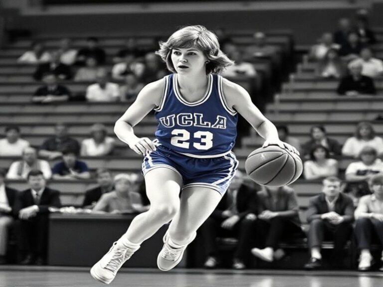 A dynamic action shot of Ann Meyers Drysdale mid-game in a retro basketball uniform, wearing a UCLA Bruins jersey, with a foc