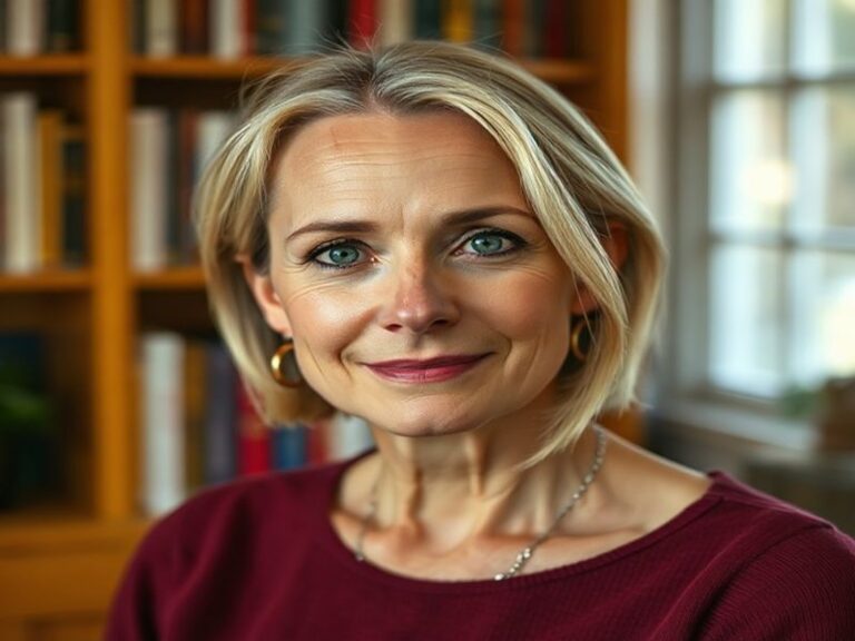 A professional portrait of Hermione Norris in a sophisticated setting, dressed in elegant attire with a warm, confident expre