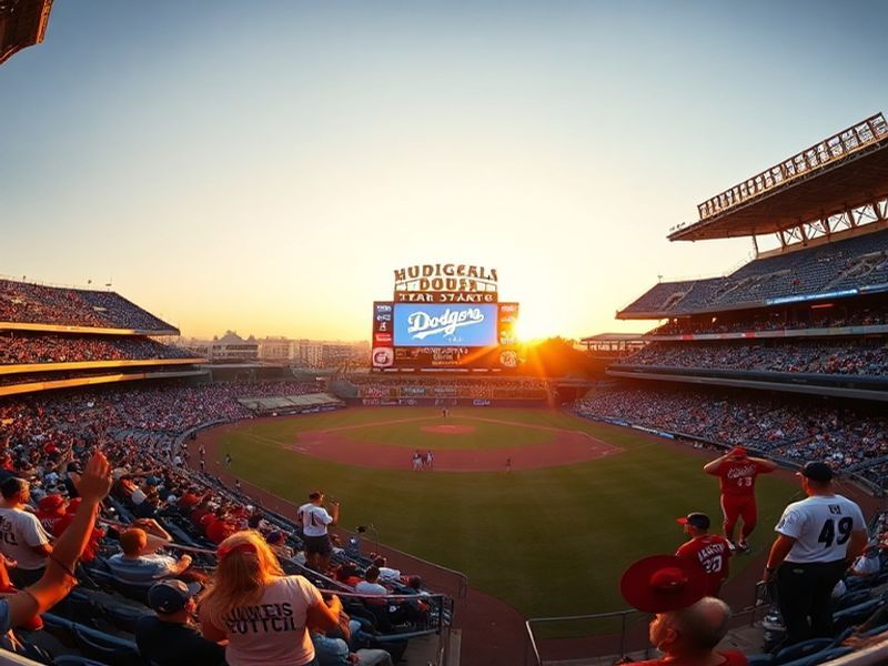 A split-screen image showing a Dodgers player at bat at Dodger Stadium on the left and a Nationals player in the dugout on th