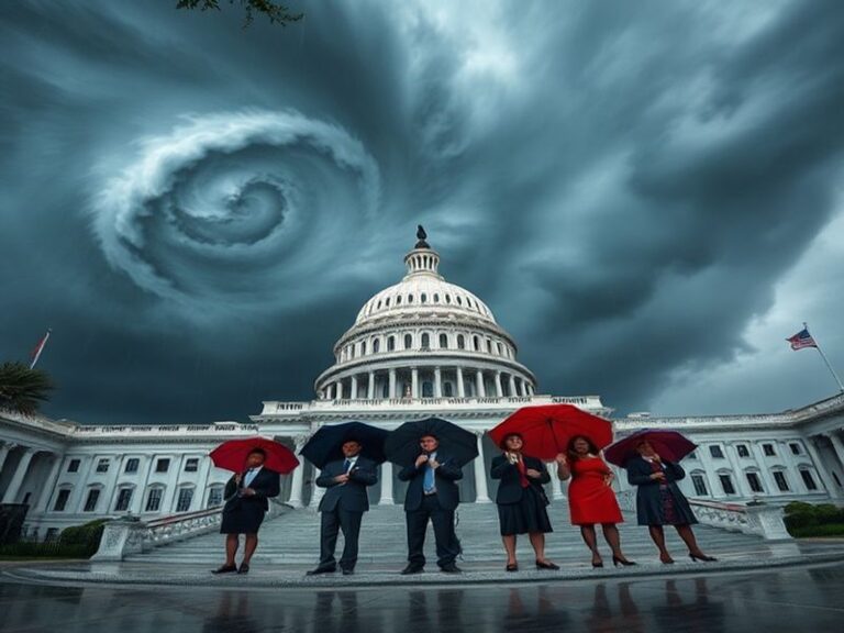 A split-image illustration: on the left, a powerful hurricane approaching a coastal city with dark clouds and crashing waves;