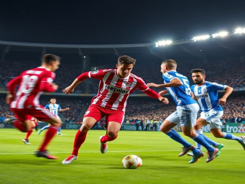 A vibrant stadium scene showing River Plate players in light blue kits and Belgrano players in red and white, with fans in th
