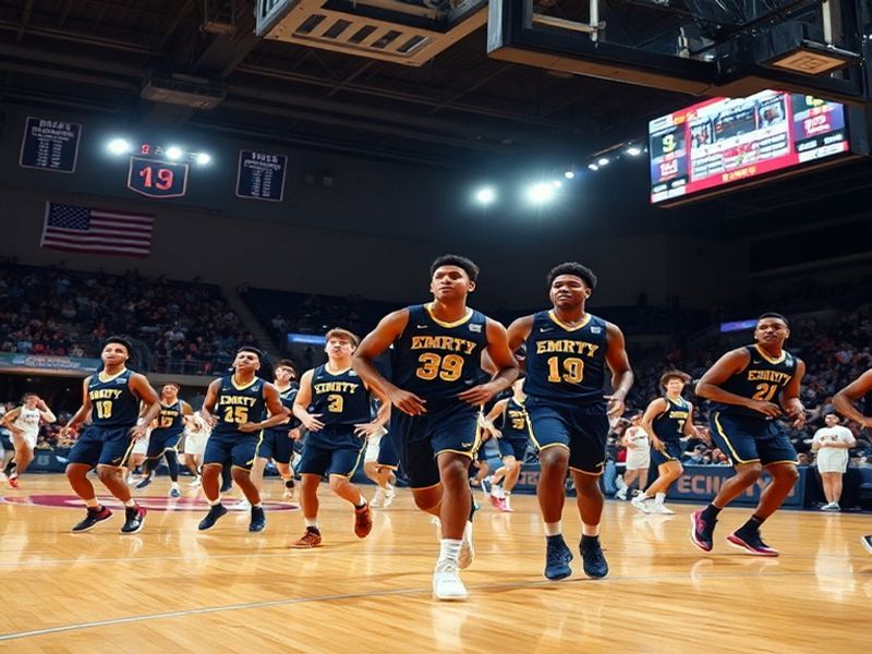 A dynamic action shot of Emory basketball players in a game, wearing navy blue and gold uniforms, with a sold-out arena in th