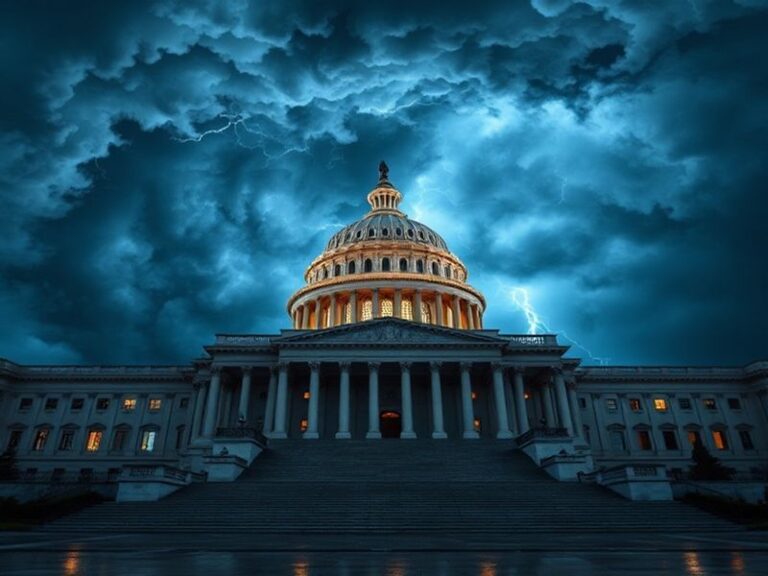 A split-image scene: on the left, dark storm clouds loom over a flooded Puerto Rican neighborhood with debris and downed powe