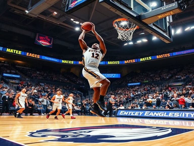A dynamic action shot of an Emory basketball game at the Woodruff PE Center, showcasing players in navy and gold jerseys comp