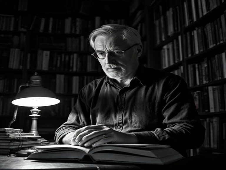 A well-lit study with a desk covered in books, a vintage lamp, and a framed portrait of James Wood in the background. The set