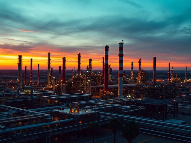 Aerial view of a Valero refinery at sunset, showcasing towering distillation columns, storage tanks, and pipeline infrastruct