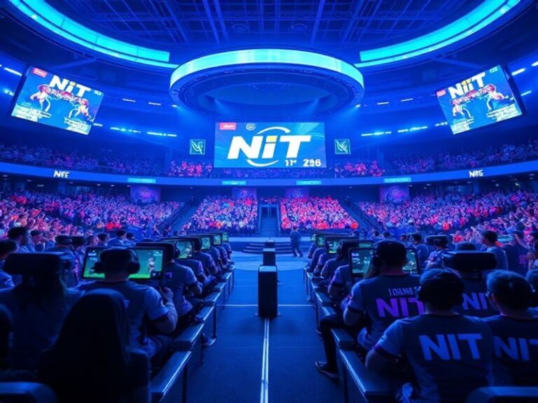 A vibrant arena filled with college basketball fans cheering during an NIT game. The court is brightly lit, with players in m