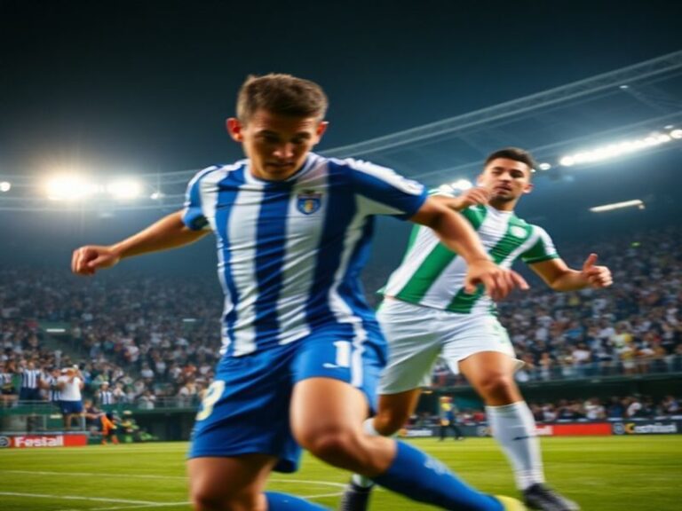 A vibrant stadium atmosphere with Bahia's blue-and-white striped jerseys facing Palmeiras' green-and-white stripes, fans hold