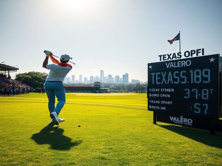 A wide-angle shot of the Valero Texas Open at TPC San Antonio during tournament week, showing a packed grandstand, lush fairw