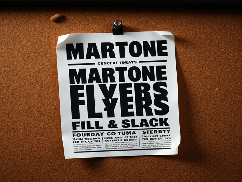 A collage of Martone flyers in an urban setting, featuring bold typography, vibrant colors, and hand-painted textures. The fl