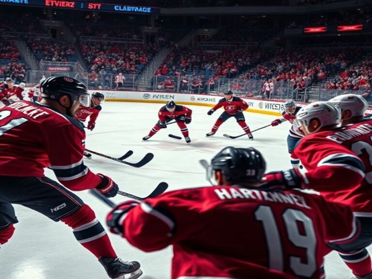 A dynamic action shot of a Devils vs Canadiens game at the Bell Centre, featuring players in mid-play with the Montreal crowd