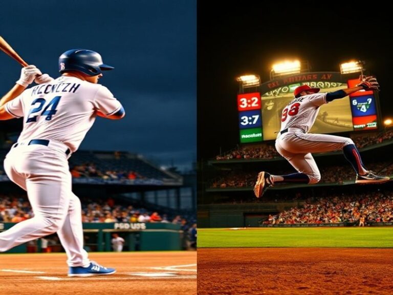 A split-image visual featuring Dodger Stadium on one side with palm trees and the Los Angeles skyline, and Nationals Park on