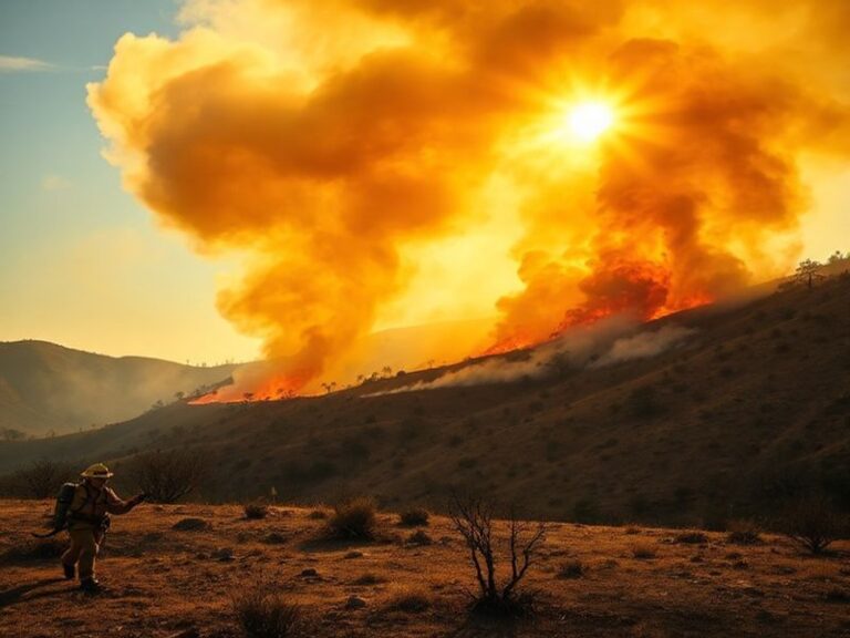 A dramatic photo of firefighters battling flames near a residential area in San Marcos, Texas, with thick smoke rising into t