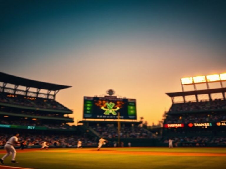 A vibrant broadcast set of Sunday Night Baseball featuring ESPN’s iconic graphics, a close-up of a pitcher winding up, and th