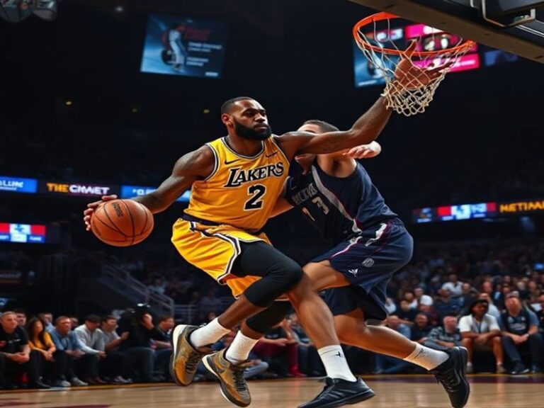 A split-screen image showing Luka Dončić in a Mavericks jersey on one side and LeBron James in a Lakers jersey on the other,