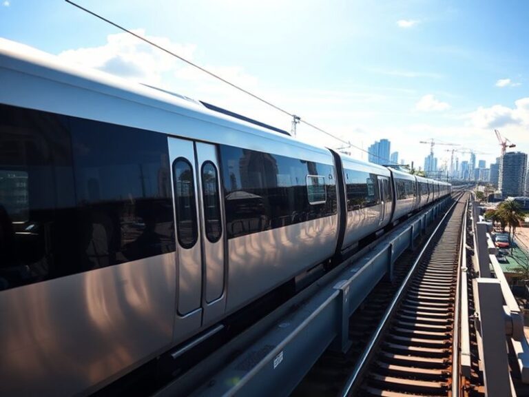 A sleek Brightline train traveling through a sunny Florida landscape, with palm trees and a modern station visible in the bac