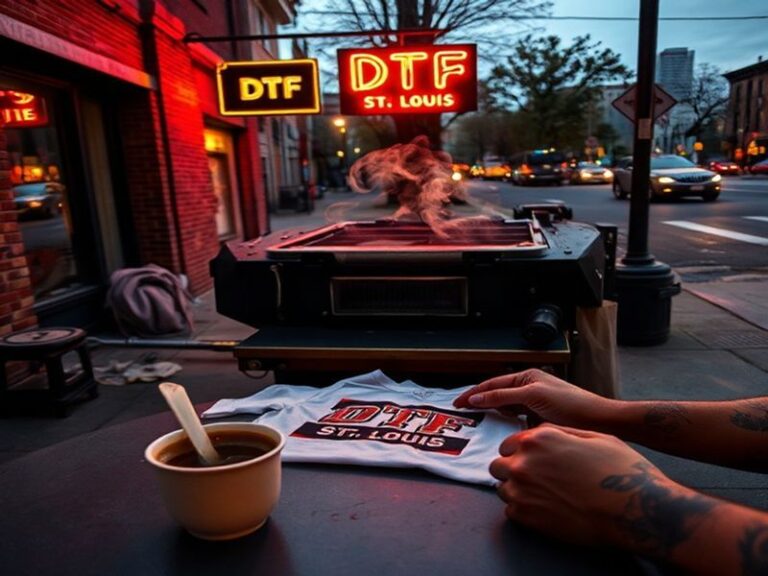 A vibrant street scene in St. Louis at dusk, featuring neon signs, diverse locals laughing together, and iconic landmarks lik