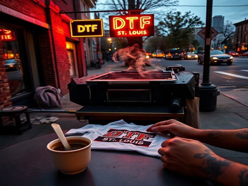 A vibrant street scene in St. Louis at dusk, featuring neon signs, diverse locals laughing together, and iconic landmarks lik
