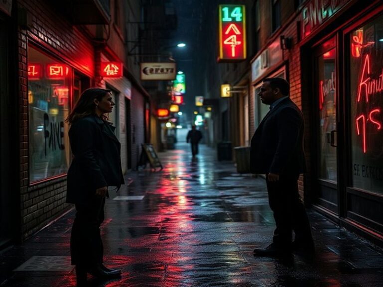 A moody, cinematic shot of the Forrester family standing in the misty, fog-covered streets of Blackward at dusk, with eerie g