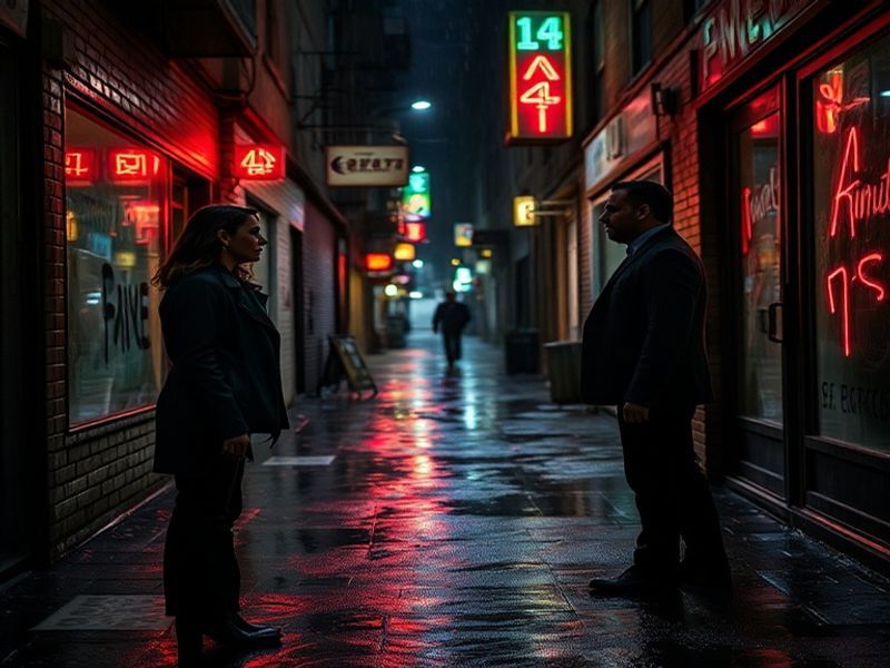 A moody, cinematic shot of the Forrester family standing in the misty, fog-covered streets of Blackward at dusk, with eerie g