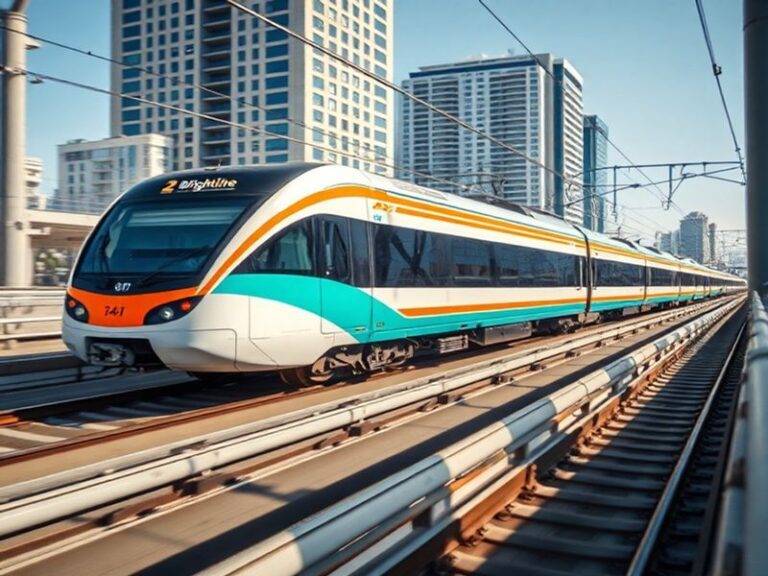 A sleek Brightline train gliding along a modern elevated track in Florida, bathed in warm sunlight with palm trees and a bust
