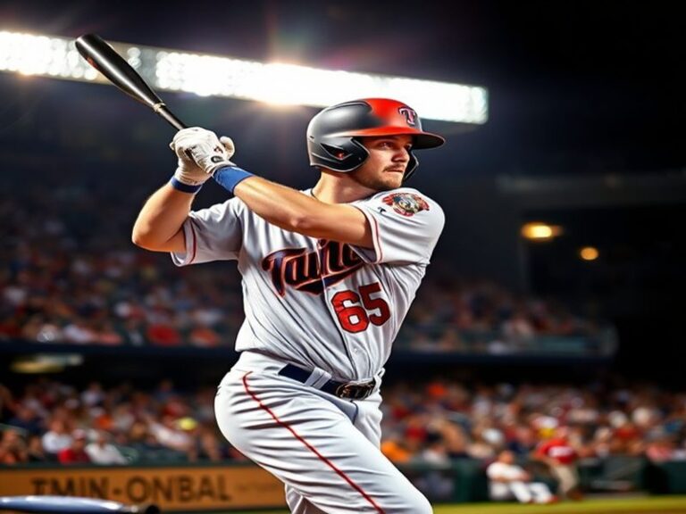 A dynamic action shot of Brent Rooker mid-swing at Target Field, bat blurred in motion, wearing the Twins navy and red unifor