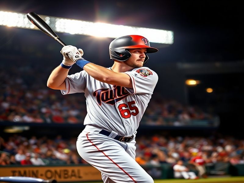 A dynamic action shot of Brent Rooker mid-swing at Target Field, bat blurred in motion, wearing the Twins navy and red unifor