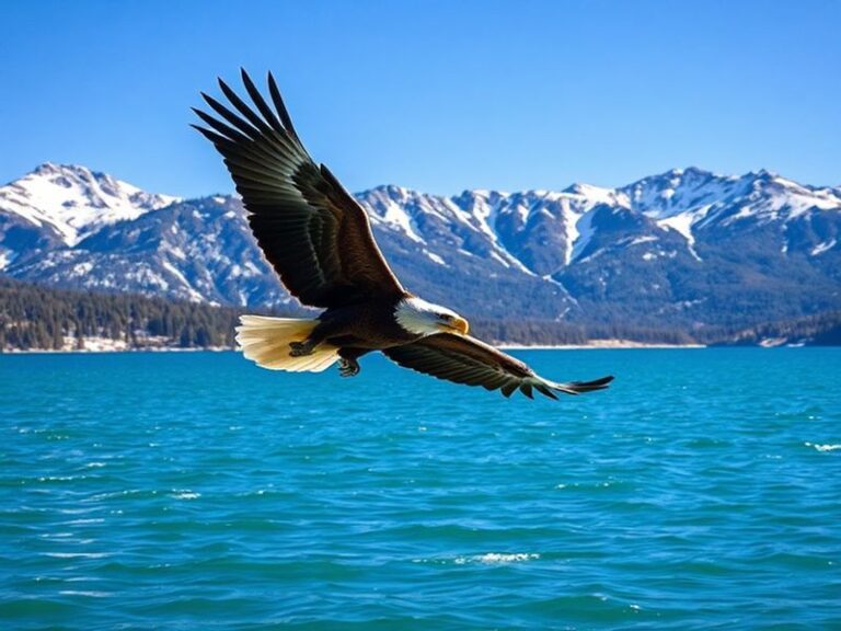 A bald eagle in flight over Big Bear Lake with snow-covered San Bernardino Mountains in the background, golden morning light