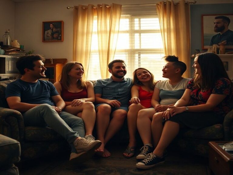 A cozy suburban street scene at dusk, with warm porch lights illuminating neighbors chatting across fences, capturing the sho