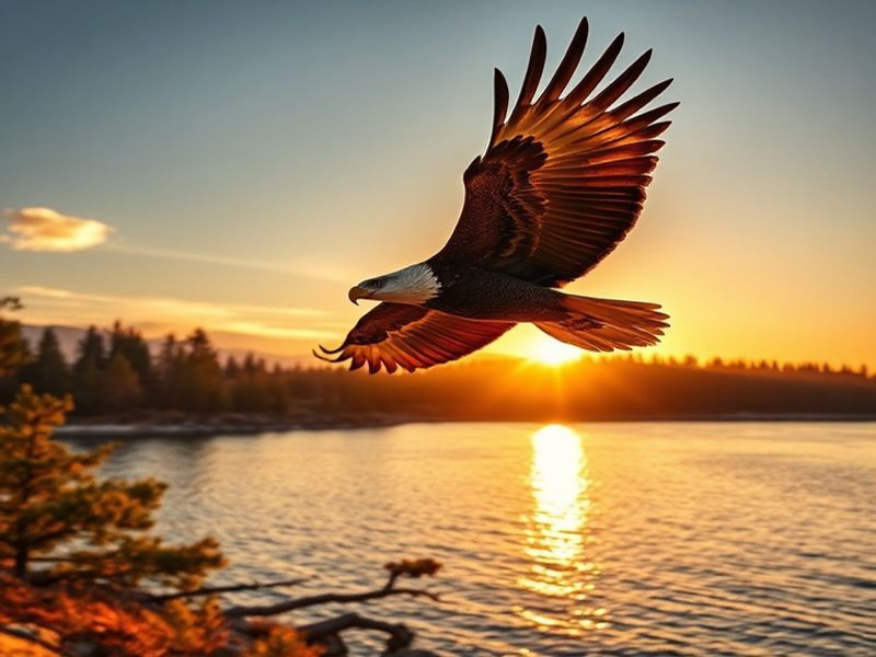 A bald eagle soaring above Big Bear Lake in winter, with snow-capped mountains in the background and pine trees framing the s